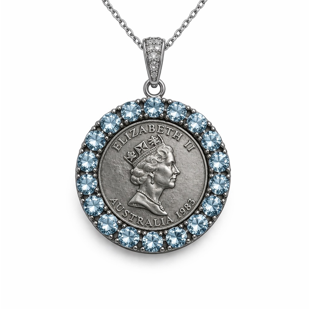 Sterling Silver Blue Crystal Coin Pendant Necklace (cover photo not exact)